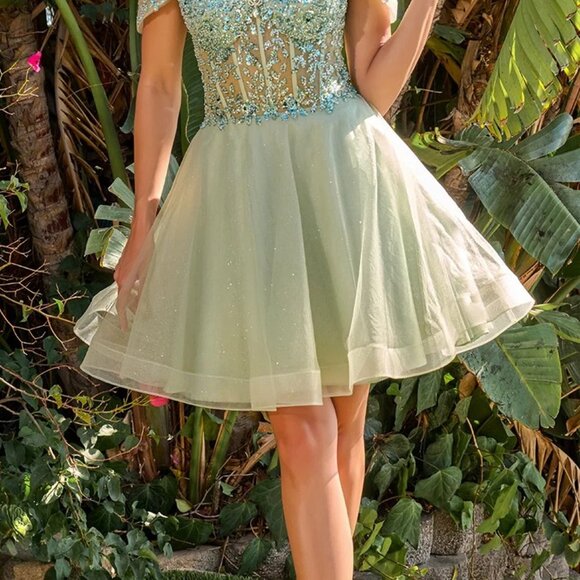 New Off Shoulder Short Fashion Forward Mesh Dress w/ Sheer Boned Bodice GS3684 - Picture 6 of 9